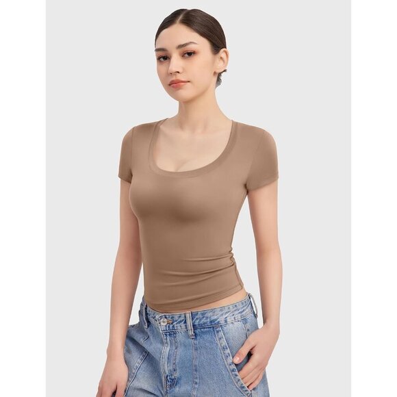 Women Short Sleeve Scoop Neck Crop Top Summer Slim Fit Tee Basic Casual - Picture 5 of 7